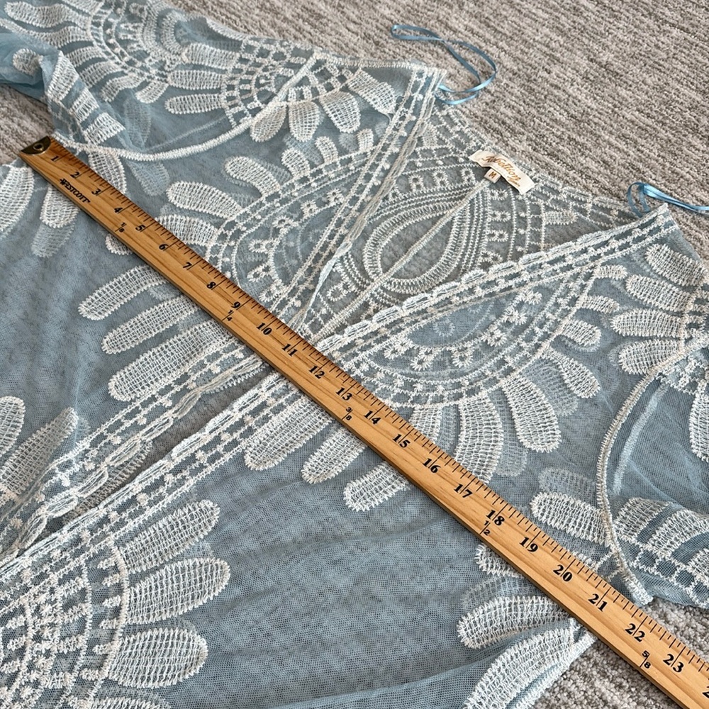 Rebellion Sheer Mesh Embroidered Beach Cover Up Cardigan Size M Blue Long Duster - Picture 3 of 14